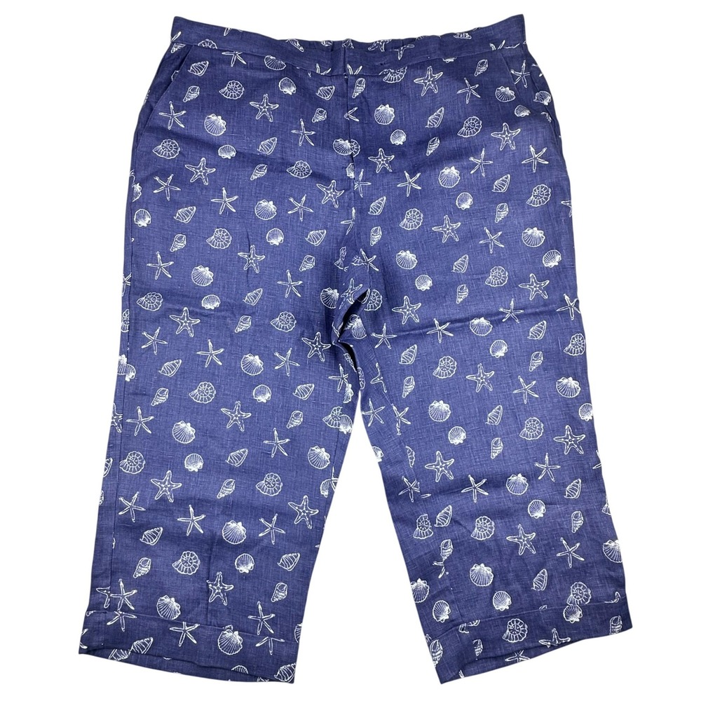 Coldwater Creek Blue 100% Linen Nautical Starfish Shell Cropped Pants Womens 18W